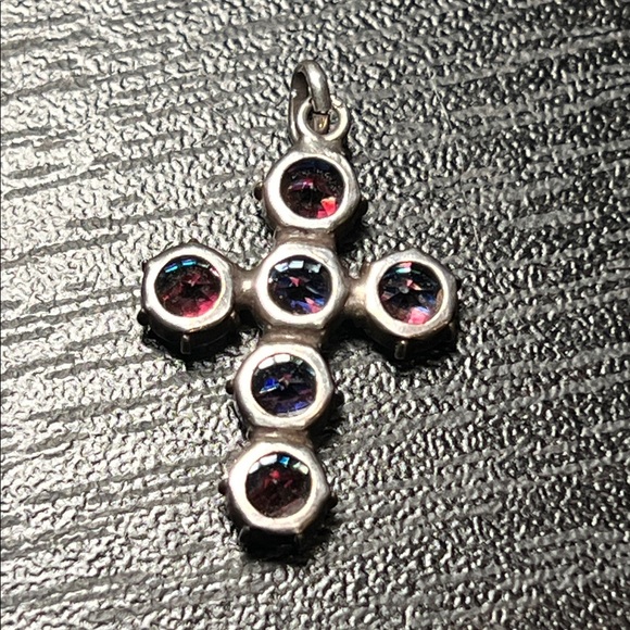 Antique Czech Colorful Iris Glass Sterling Cross Pendant Charm 1920s - Picture 4 of 5